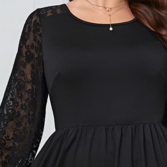 Melo Apparel Plus Size Lace Trim Round Neck Flounce Sleeve Dress - Picture 3 of 8